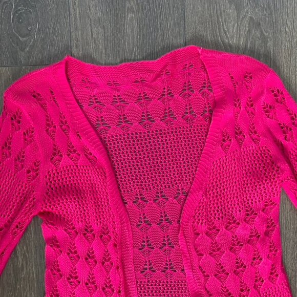 Women's Pink Crochet Knit Cardigan Sweater Pink Open front Boho Chic - Picture 10 of 10